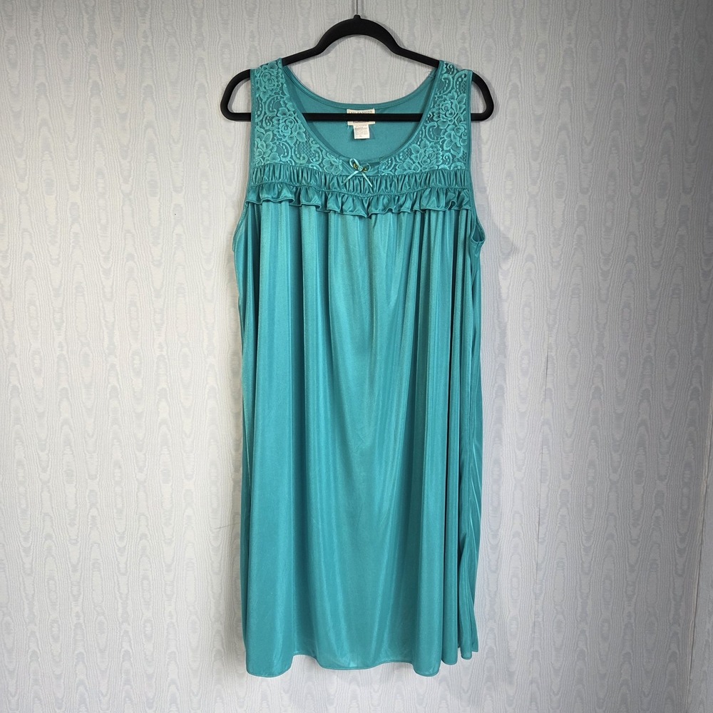 Vtg Lati Fashion Womens XL Sleeveless Nightgown Floral Lace‎ Teal Green Ruffle